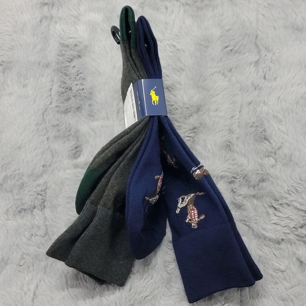Polo Ralph Lauren Socks Mens 10-13 Navy Hunter Dog Crew 2 Pairs Mid Calf